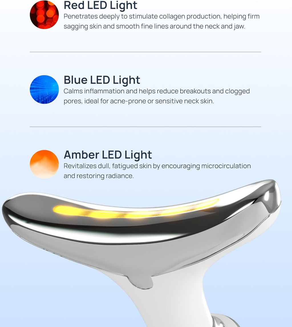  vegaLED light device with text describing red, blue, and amber LED light benefits on a light blue background.