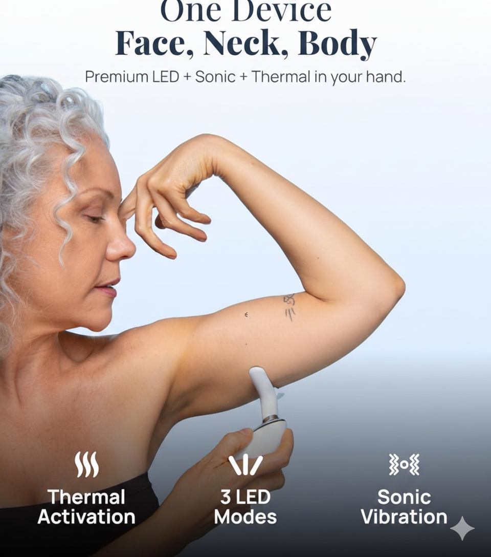 Woman using a skincare device on her arm with text highlighting features like thermal activation, LED modes, and sonic vibration.