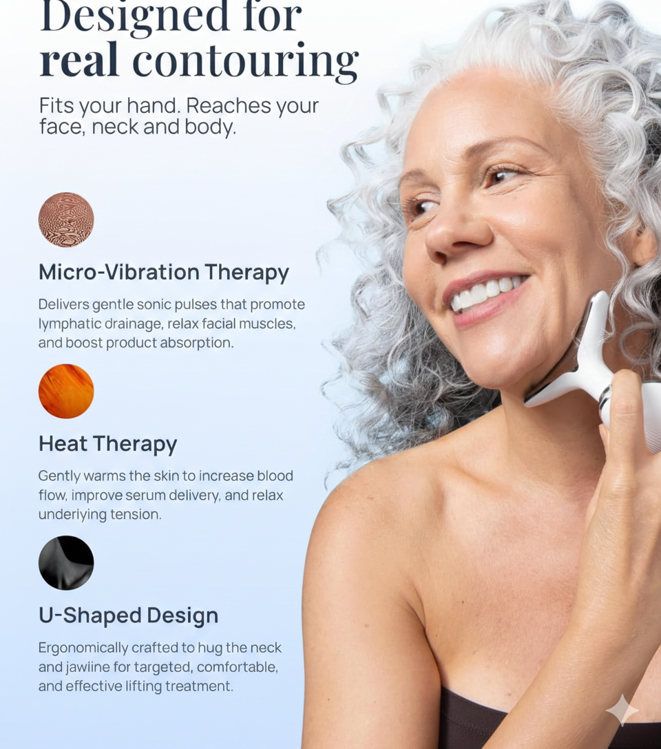 Woman using a vega 
skincare device with text about micro-vibration therapy and heat therapy on a light blue background.