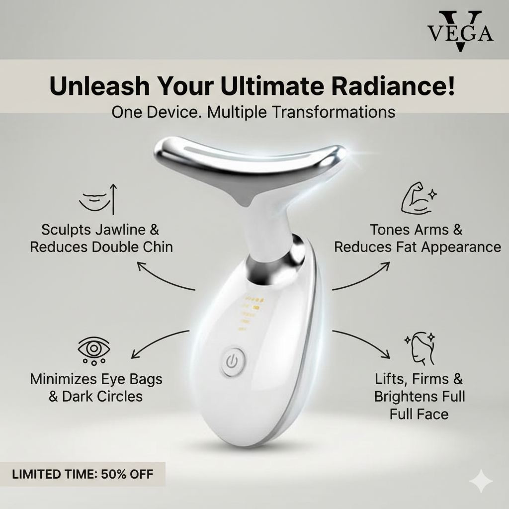 Vega device for facial and body treatments with features listed on a gray background