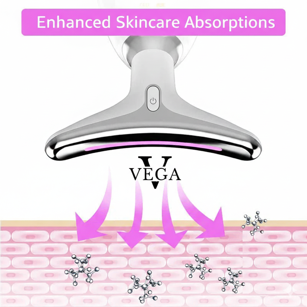 Vega skincare device with text 'Enhanced Skincare Absorptions' and 'VEGA' branding.
