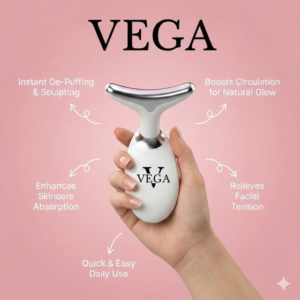 Vega facial massager held in a hand with product features on a pink background