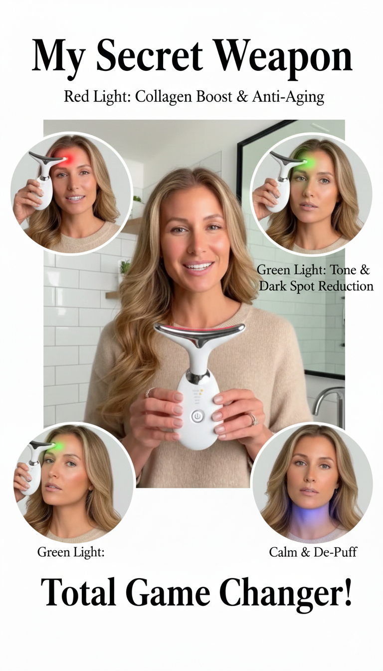 Woman holding a vega  device with text about red light, green light, and its benefits on skin.