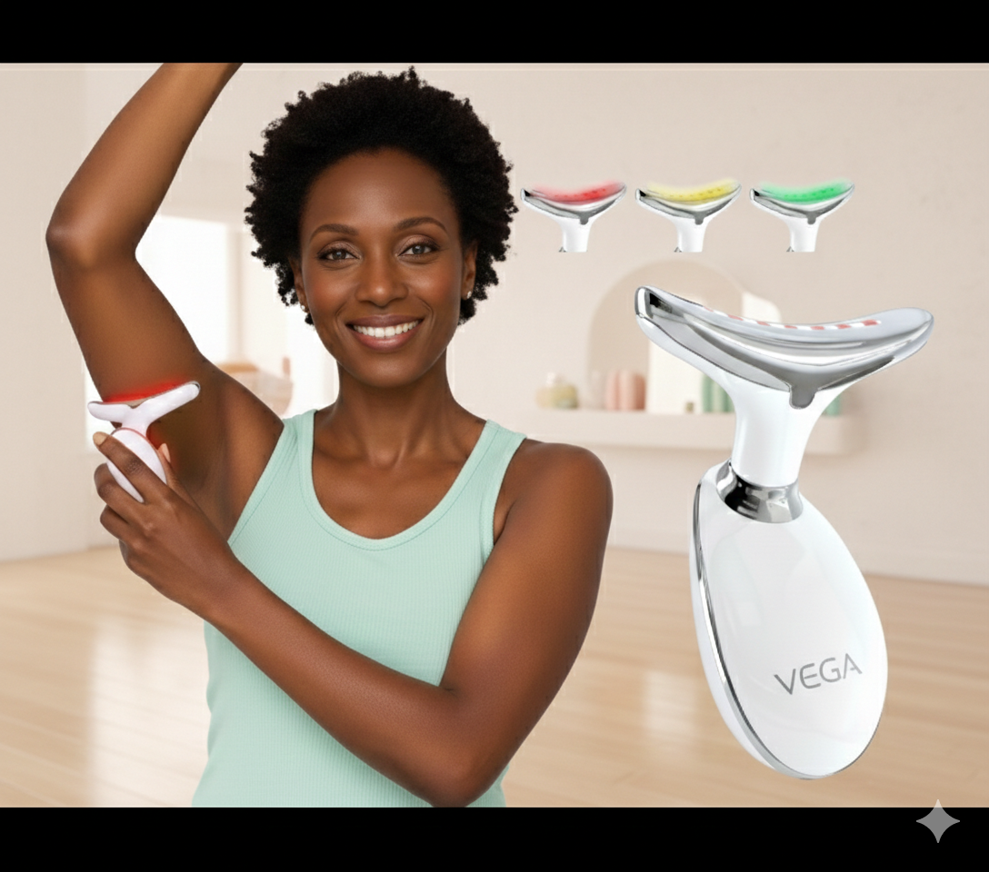 Woman using a VEGA hair armfat taightining device with additional devices displayed in the background.