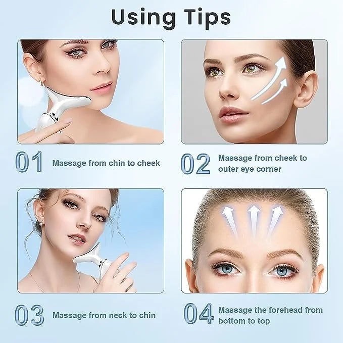 Instructions on using a  vega facial device with images of a woman applying it and text indicating massage directions.