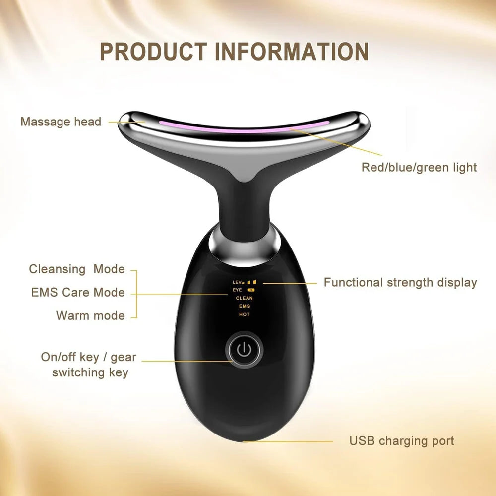 vega Black facial cleansing device and skin tighting  with labeled features on a beige background